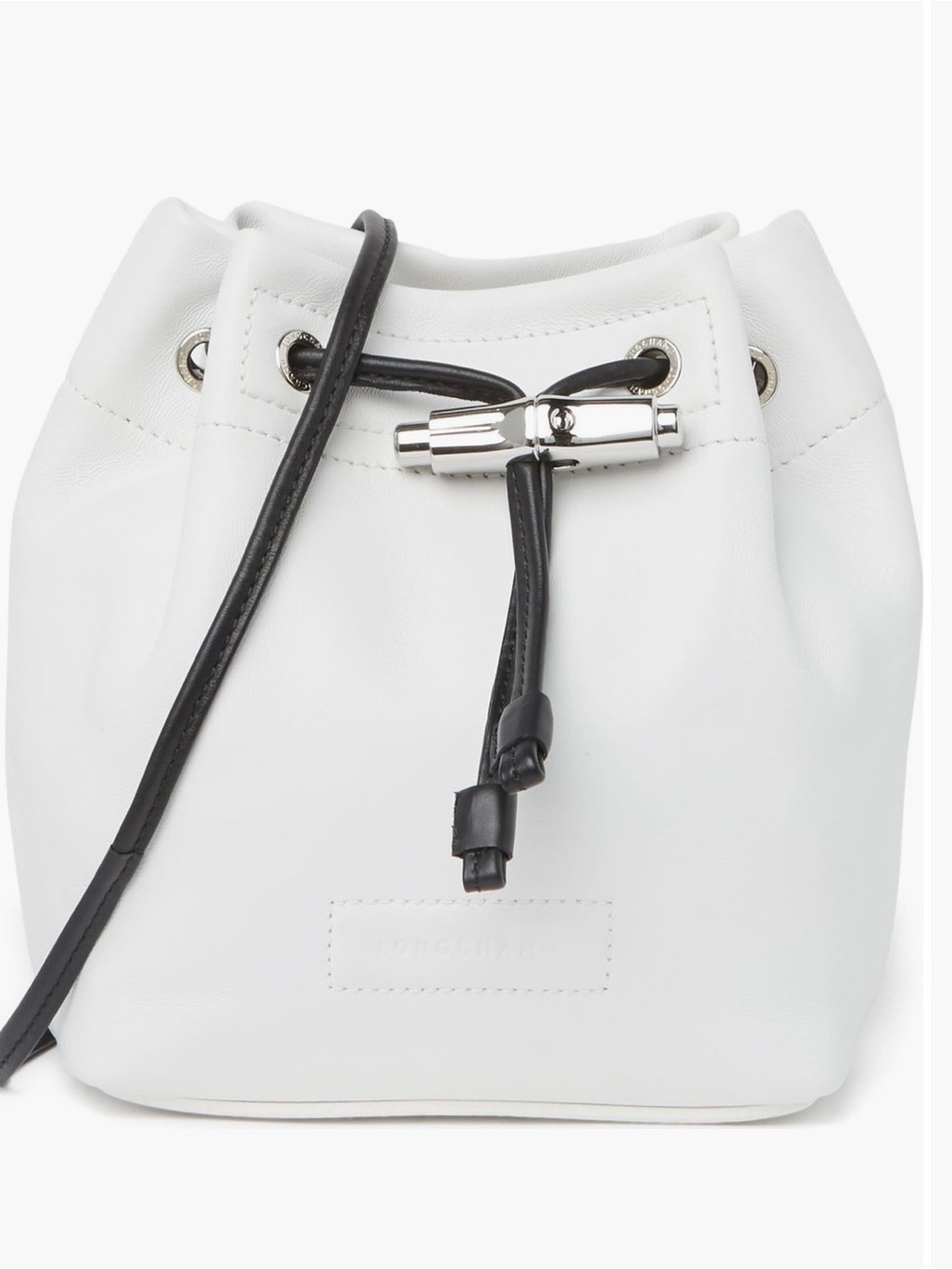 Longchamp White Leather Mini Drawstring Bucket Bag with Black Strap